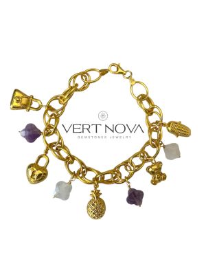 Bracelet charmes en argent 925 plaqué or 18k avec améthyste et cristal de roche